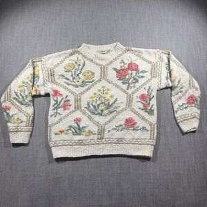 L.L. Bean Sweater Womens Small Beige Floral Knit Cottagecore Grannycore Vintage